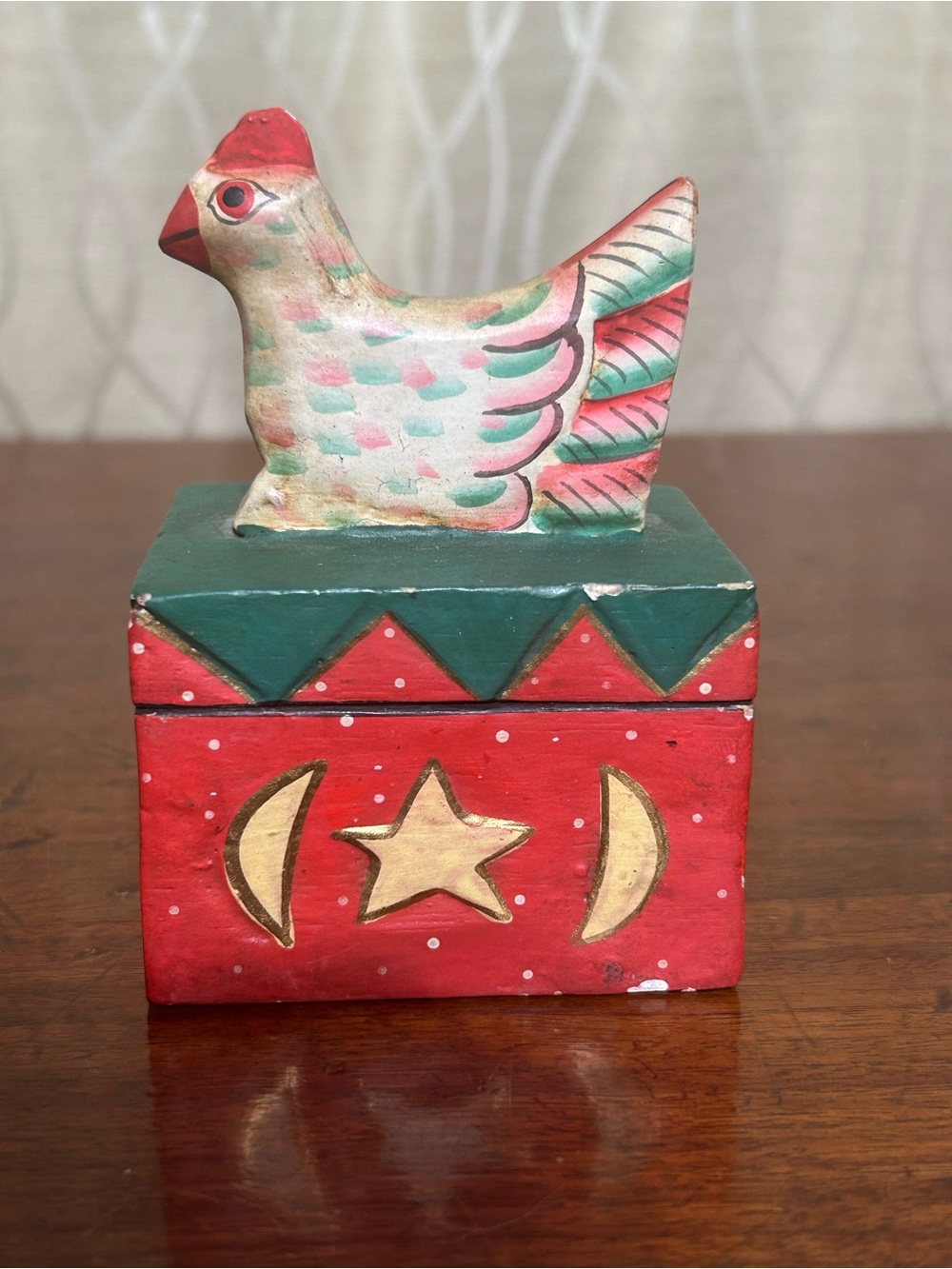 Source Unknown Red and Green Folk Art Bird Box with Gold accents.